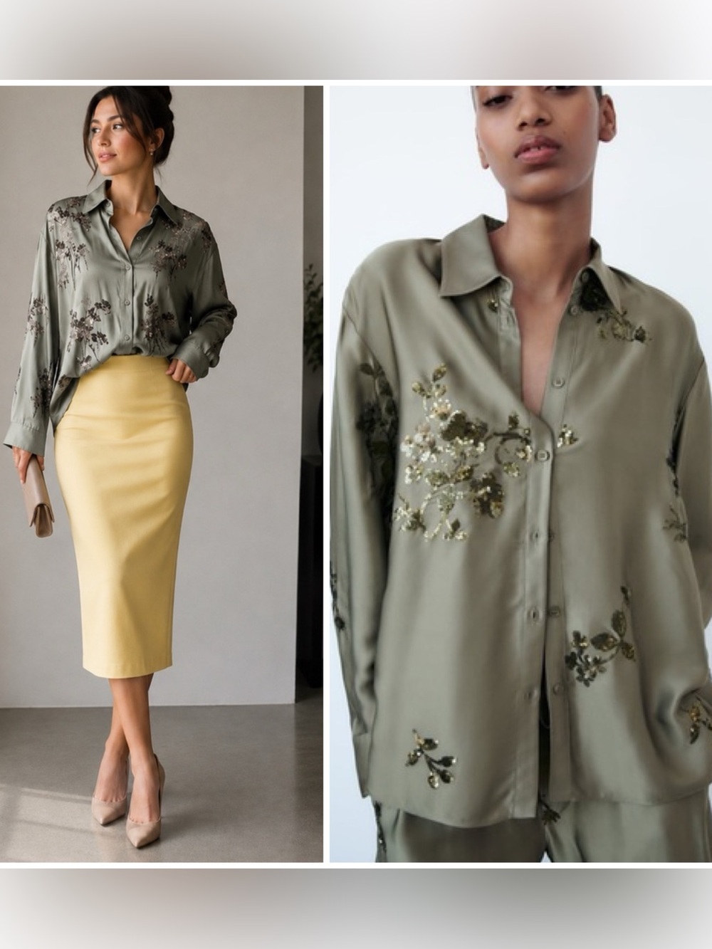 Zara Sequin Satin Long Sleeve Button Up Shirt Womens Medium Floral Silky NWT